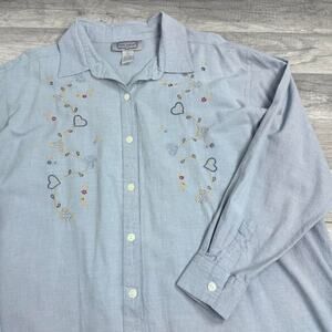Vintage Embroidered Chambray Denim Button Up Shirt Plus Size 3X Cottagecore Top